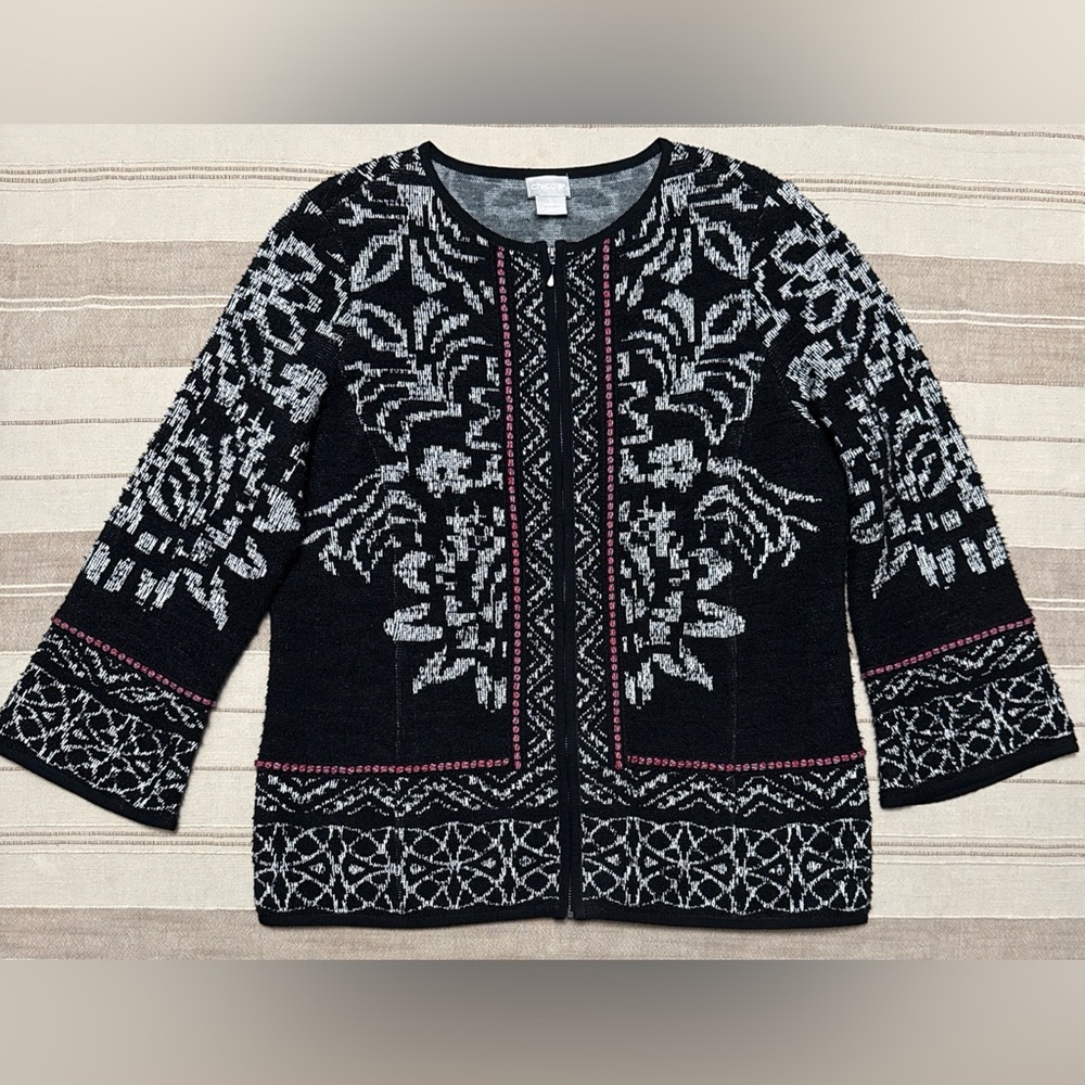 Nordic Boho Scandi Folkcore Artsy Office Chic Layer Chico’s Jacquard Cardigan